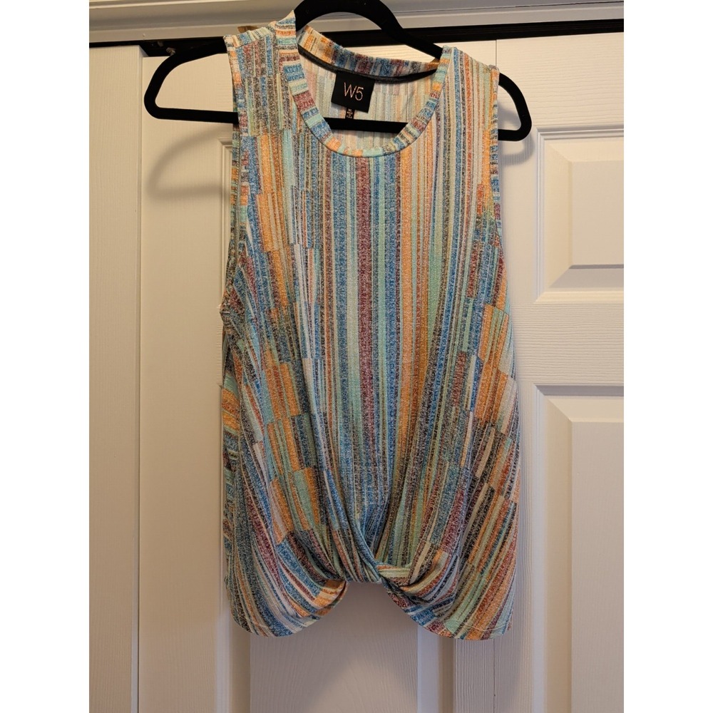 W5 Womens Striped High Neck Knitted Tank Top Multicolor XL Sleeveless Knot Front